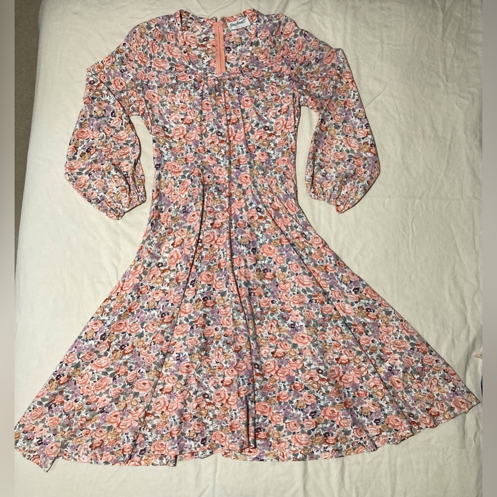 VINTAGE 80s Yves Jennet Floral Midi Dress‎ - Pink and Orange Fit & Flare